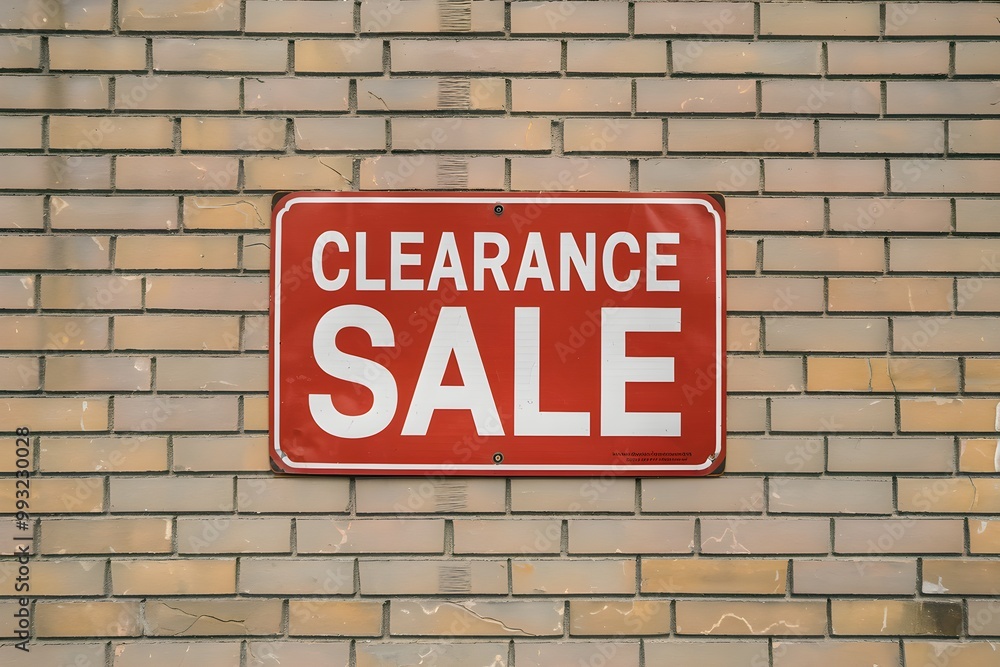Red CLEARANCE SALE sign stands out on textured brick wall Red CLEARANCE SALE sign stands out on textured brick wall