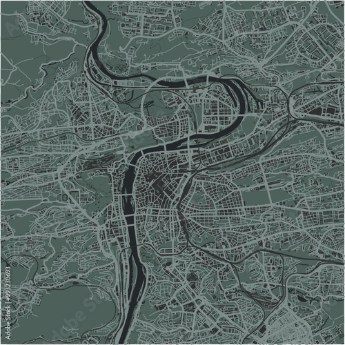 Map of Prague in Czech Republic in a smooth dark style. Contains layered vector with roads water, parks, etc.