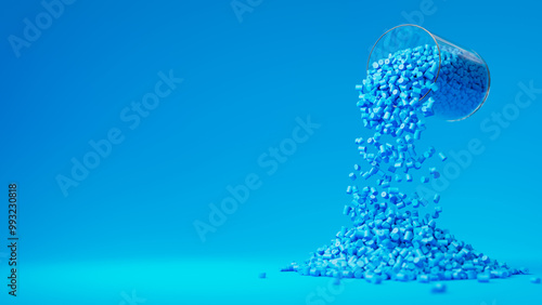 Blue plastic polypropylene granules pouring from the glass on a blue backdrop, masterbatch polymer grain pile. HDPE or PVC resin pellets. Place for text. 3d render illustration