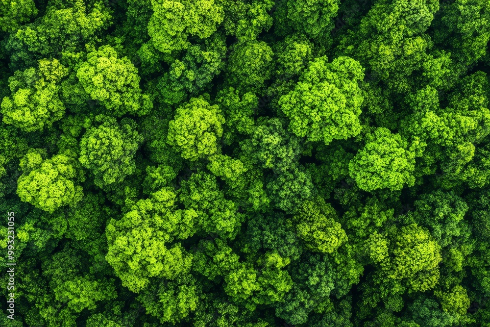Naklejka premium Lush green treetops forming a vibrant forest canopy from above.