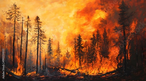 A fiery forest ablaze with tall trees standing amidst the inferno.