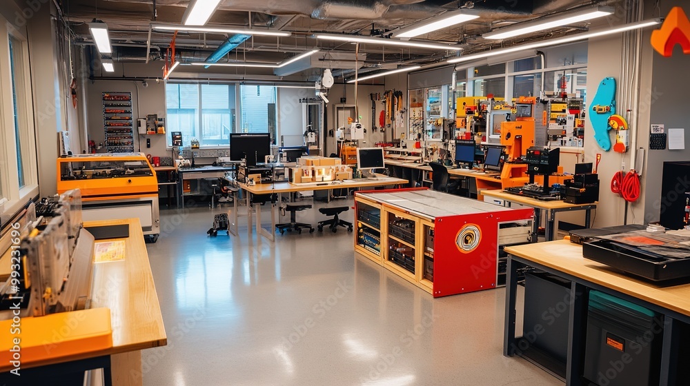 Modern workshop filled with advanced equipment for fabrication and design projects during a sunny afternoon Modern workshop filled with advanced equipment for fabrication and design projects during a sunny afternoon