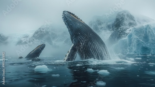 a stunning pod of humpback whales breaches the surface near a majestic arctic glacier showcasing their immense bodies against a backdrop of ice evoking the raw beauty of nature and marine life