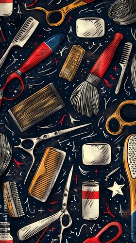 Barber Shop seamless pattern with doodle hand-drawn razor, scissors, shaving brush, comb, classic barber shop tools. Generative AI