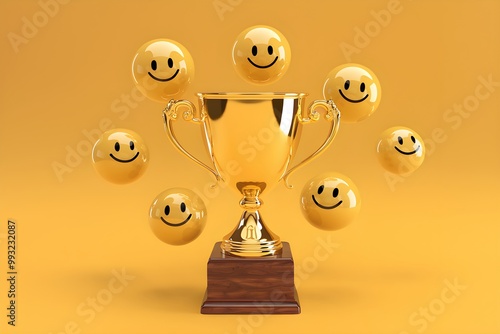 Golden trophy with smiling faces floating, yellow background creates celebratory atmosphere photo