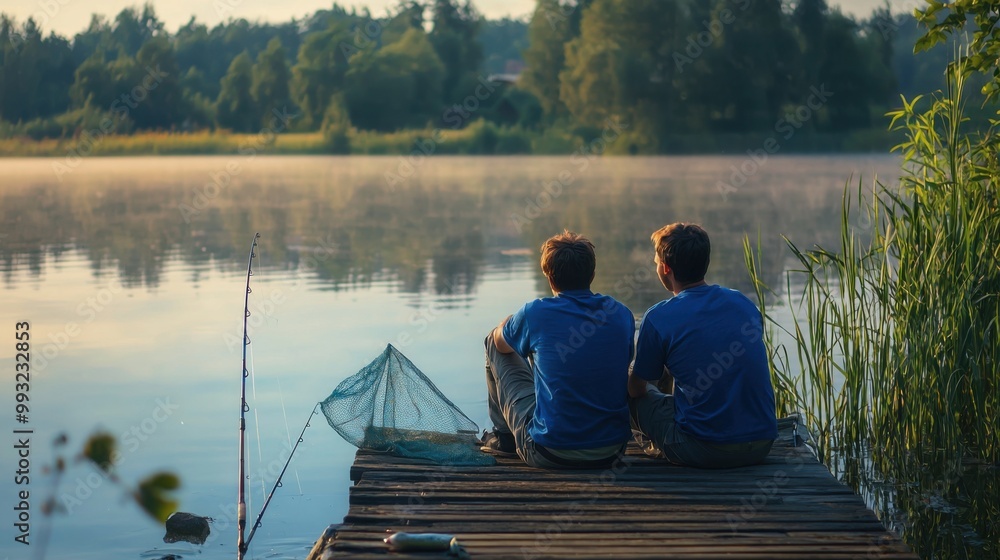 Two male friends dressed in blue shirts fishing together with net and rod sitting on the wooden pier during the morning light on the lake Two male friends dressed in blue shirts fishing together with net and rod sitting on the wooden pier during the morning light on the lake