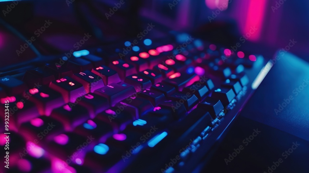 A vibrant gaming setup at night featuring a high-resolution monitor and RGB lighting with gaming peripherals on a sleek desk A vibrant gaming setup at night featuring a high-resolution monitor and RGB lighting with gaming peripherals on a sleek desk