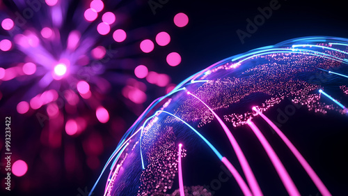 A conceptual globe surrounded by neon lights and fireworks, symbolizing the global celebration of the New Year, with glowing lines connecting different cities.