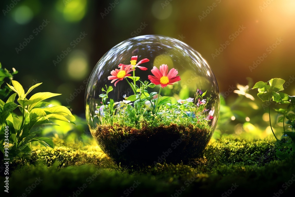 Terrarium with colorful flowers and greenery in a glass dome, natural background. Terrarium with colorful flowers and greenery in a glass dome, natural background.