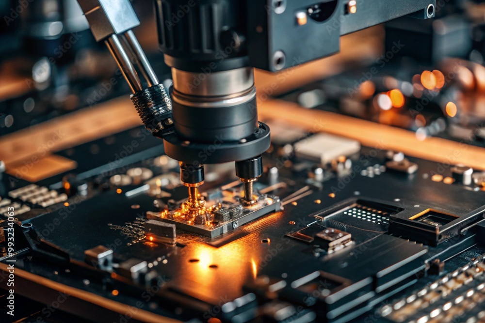 Automated production of electronic devices. Modern robotic manipulators on the assembly line of chips and printed circuit boards at a modern electronics factory. Installing components on the board. Automated production of electronic devices. Modern robotic manipulators on the assembly line of chips and printed circuit boards at a modern electronics factory. Installing components on the board.