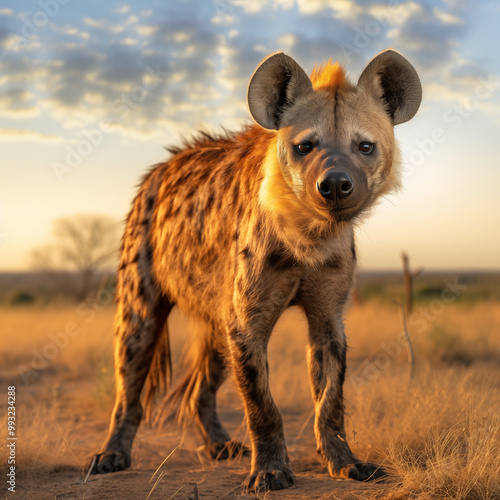 Spotted Hyena Standing On Dry African Savanna With Sunset Light And Dramatic Sky