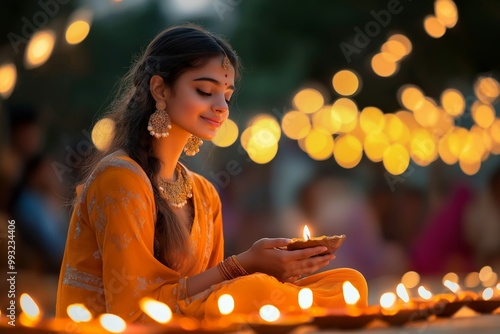 A woman with an oil lamp at night. Diwali. Holiday lights. An Indian ritual. Dark background copy space photo