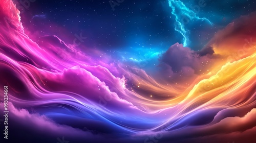 Vibrant abstract clouds in a cosmic landscape, showcasing colors of dusk and dawn.