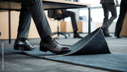 A Pair of Legs Tripping Over a Loose Carpet Edge, Capturing the Moment of an Office Stumble