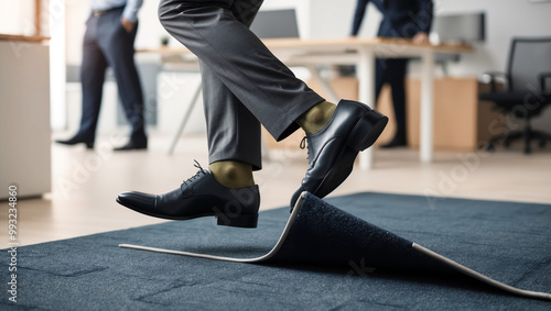 A Pair of Legs Tripping Over a Loose Carpet Edge, Capturing the Moment of an Office Stumble
