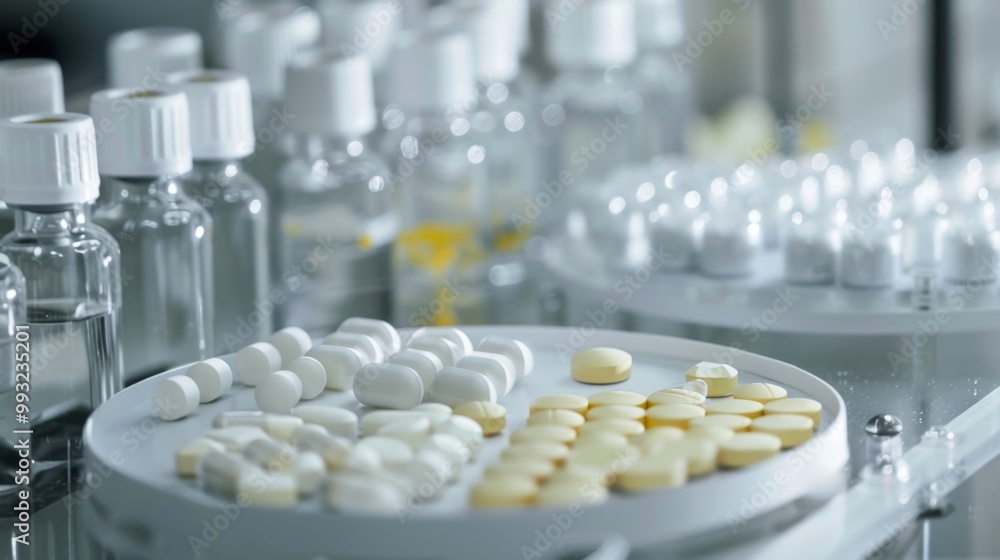 Pharmaceutical Manufacturing Process with Pills and Bottles Pharmaceutical Manufacturing Process with Pills and Bottles