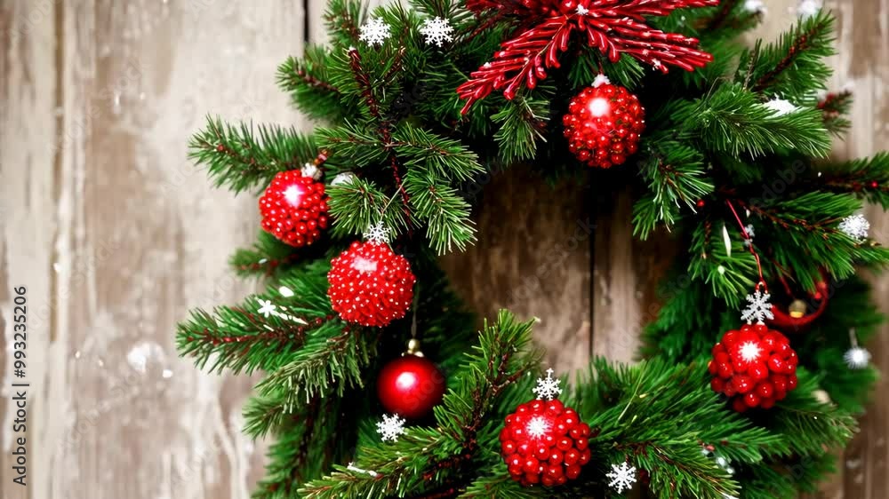 Christmas wreath with red berries and pine cones on snow-dusted rustic wooden door Christmas wreath with red berries and pine cones on snow-dusted rustic wooden door