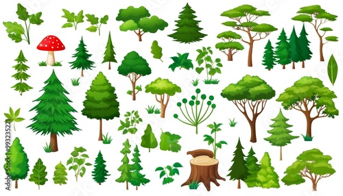 a set of clipart trees in vector style on a white background