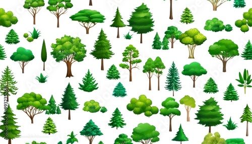 a set of clipart trees in vector style on a white background