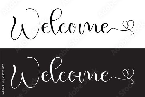 welcome lettering text. Modern calligraphy style illustration. Welcome hand lettering, black ink brush calligraphy, with golden glitter effect, Vector illustration in eps 10.