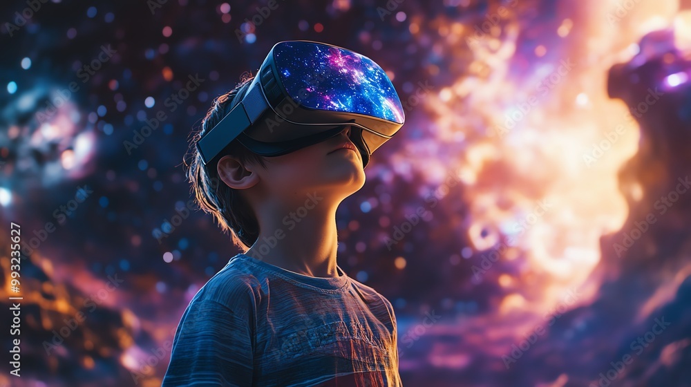 Child experiences virtual reality in a cosmic environment, colorful and immersive. Child experiences virtual reality in a cosmic environment, colorful and immersive.