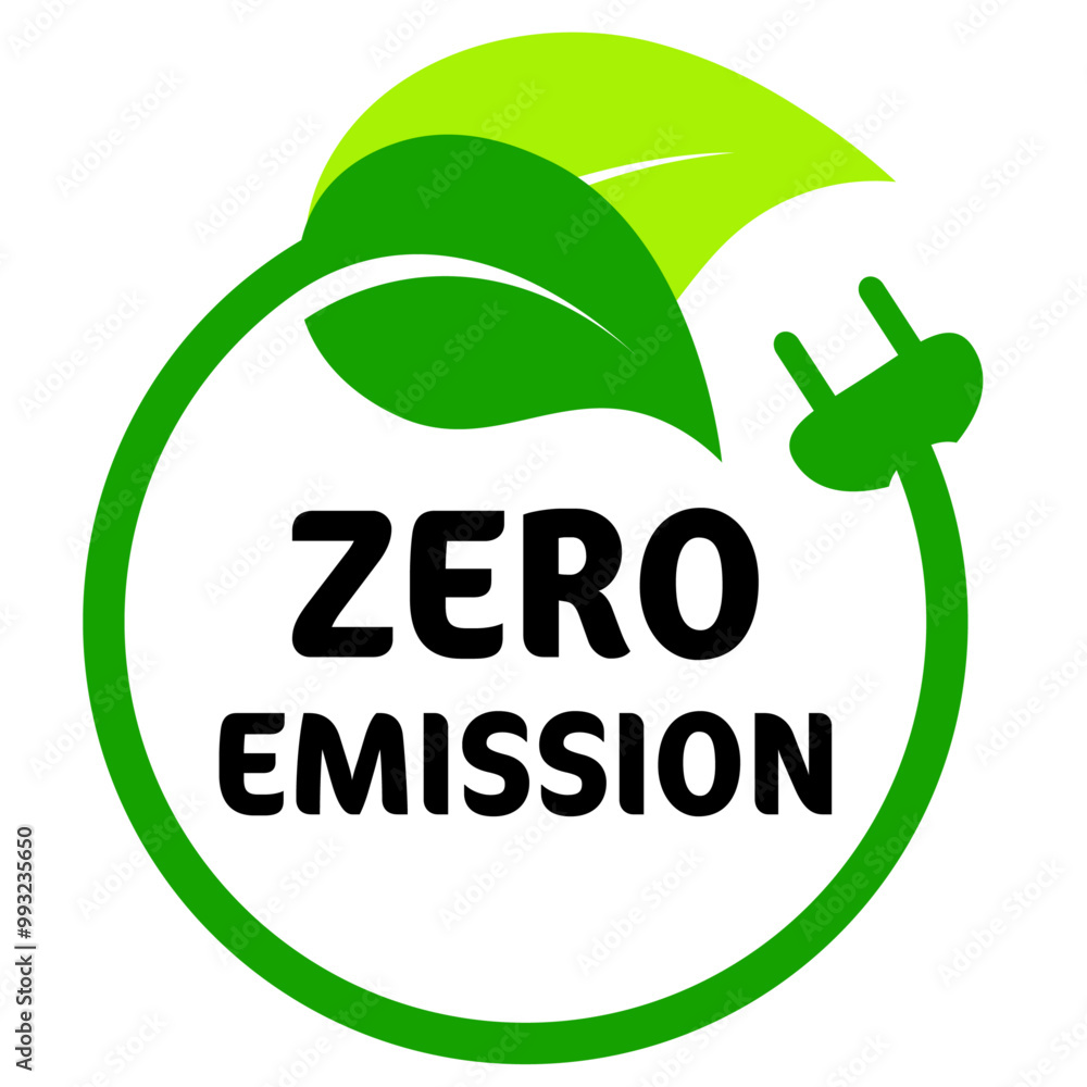 © Serkay - Zero emission logo, green color circle icon with leaf symbol and plug. Eco vector illustration for a greener world and sustainability. Label, sticker, stamp idea concept graphic, isolated background.