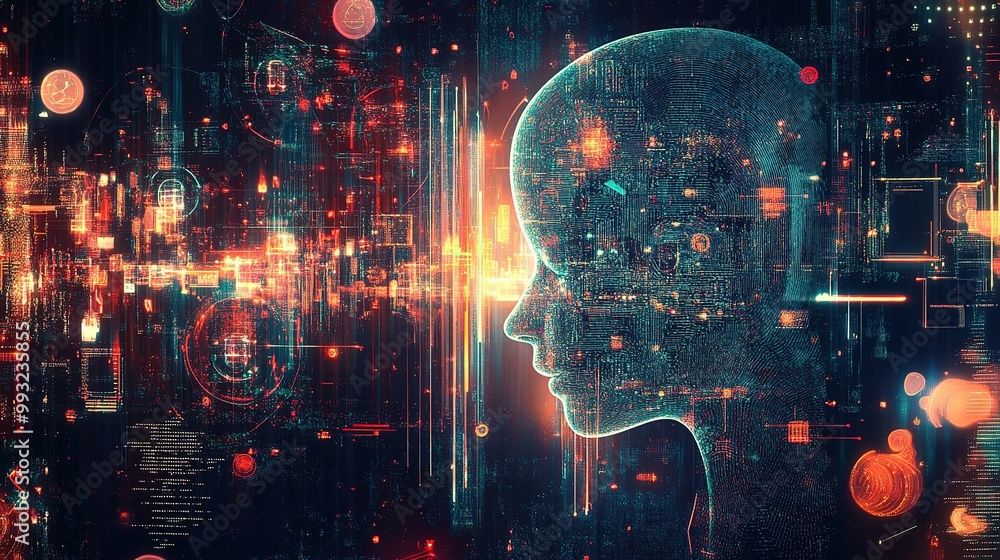 Abstract representation of a human head with vibrant energy and particles illustrating thought processes and creativity Abstract representation of a human head with vibrant energy and particles illustrating thought processes and creativity
