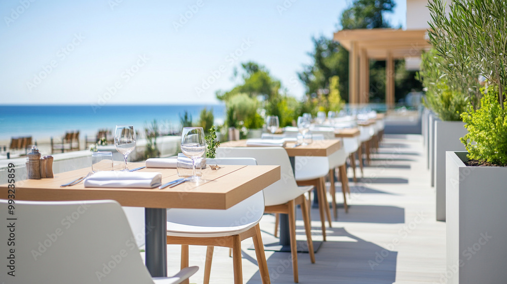 Fototapeta premium modern seaside restaurant terrace features empty chairs and tables, offering serene view of ocean. inviting atmosphere is perfect for dining and relaxation