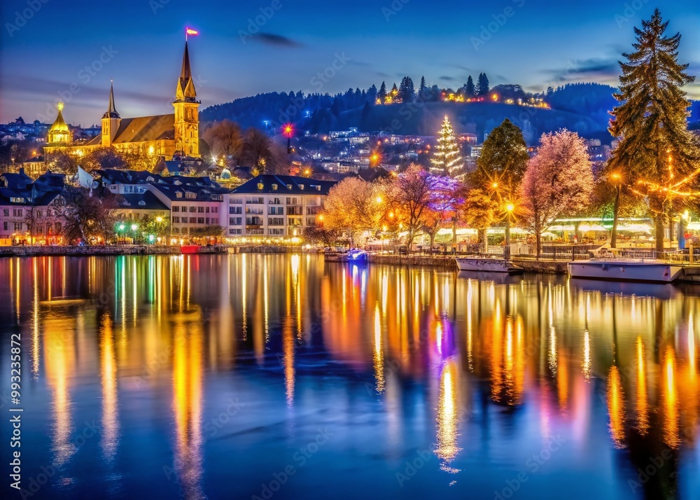 Obraz premium Enchanting Christmas Lights Reflecting on Lake Zurich During the Festive Holiday Season at Night