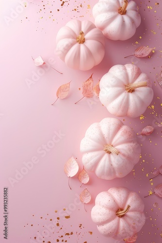 Pink vertical background with decorative pastel pink pumpkins composition.Halloween celebration mockup, fall harvesting seasonal, Thanksgiving day concept. Generative ai 