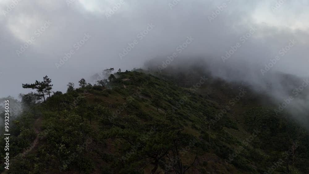 Drone flying over sea of mist and mist in forest-covered mountains at sunrise. Drone flying over sea of mist and mist in forest-covered mountains at sunrise.