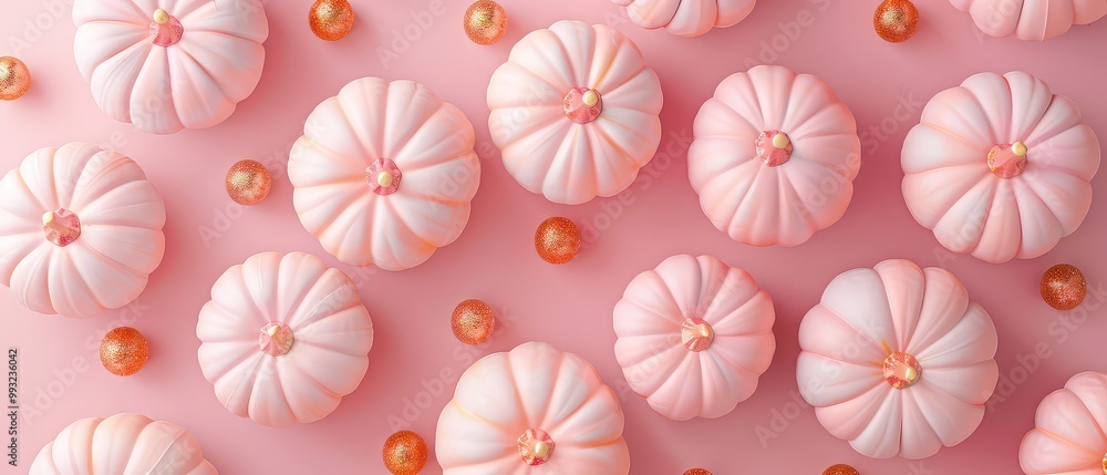 Decorative pink pumpkins composition with golden decorations. Minimal autumn background. Halloween celebration mockup, fall harvesting seasonal. Generative ai Decorative pink pumpkins composition with golden decorations. Minimal autumn background. Halloween celebration mockup, fall harvesting seasonal. Generative ai
