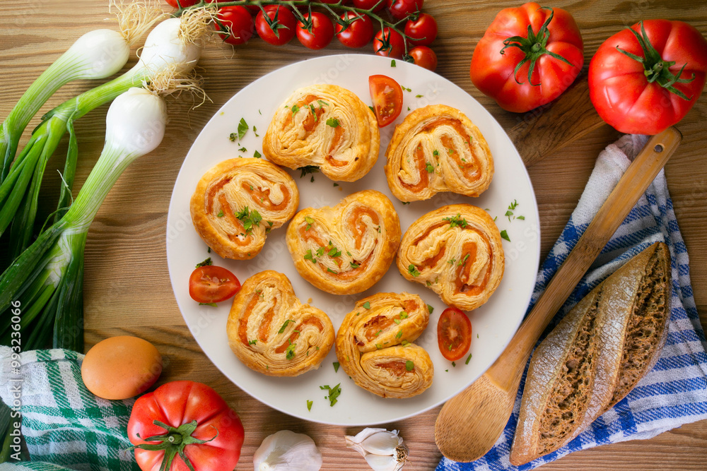 Puff pastry filled with salmon and cheese. Top view table with decoration. Puff pastry filled with salmon and cheese. Top view table with decoration.