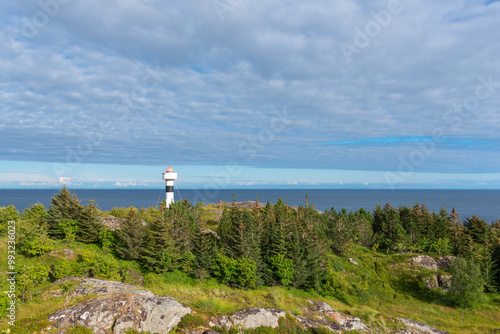 Landscape on Glapen hill with Glapen Fyr lighthouse, in background Vestfjord. Sorvagen in Lofoten district of Norway photo