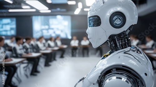 A humanoid robot sits at a desk in a modern classroom, with data visualizations displayed on screens in the background