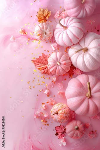 Pink vertical background with decorative pastel pink pumpkins composition.Halloween celebration mockup, fall harvesting seasonal, Thanksgiving day concept. Generative ai	