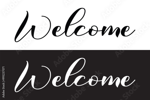 welcome lettering text. Modern calligraphy style illustration. Welcome hand lettering, black ink brush calligraphy, with golden glitter effect, Vector illustration in eps 10.