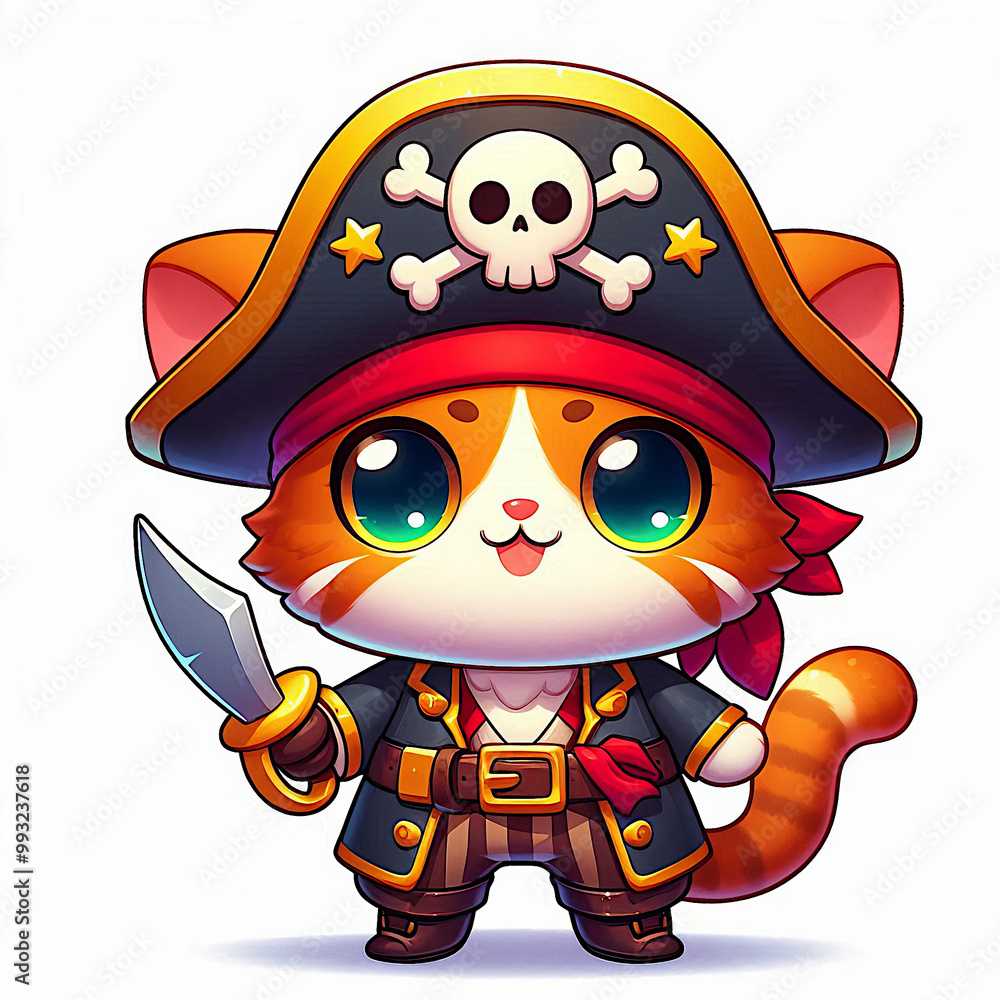 Fototapeta premium cute red cat in a pirate costume chibi style character