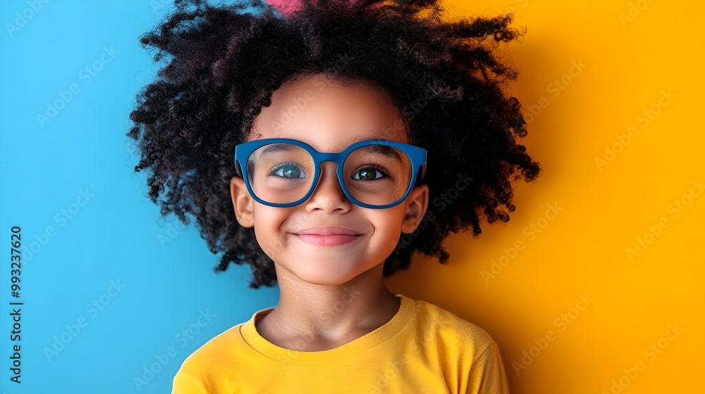 Confident Child Wearing Modern Eyewear Smiling Against Colorful Wall Confident Child Wearing Modern Eyewear Smiling Against Colorful Wall