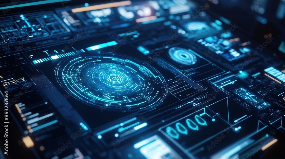 Futuristic AI interface showcasing a digital humanoid with glowing features and data analytics in a high-tech environment Futuristic AI interface showcasing a digital humanoid with glowing features and data analytics in a high-tech environment