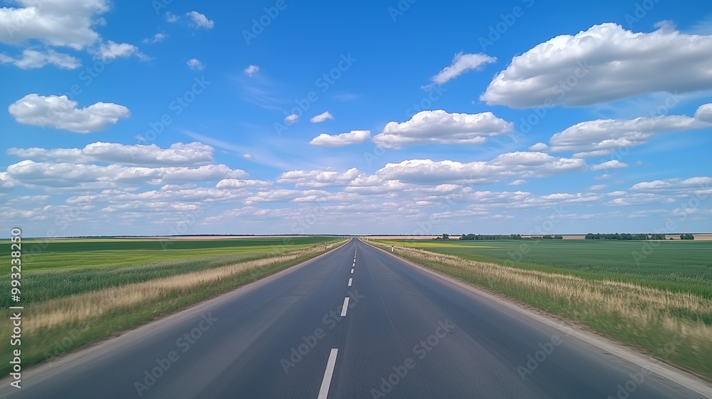 Wide road into distance, flanked by green fields and blue sky. High-definition, horizontal composition. Serene beauty. Wide road into distance, flanked by green fields and blue sky. High-definition, horizontal composition. Serene beauty.