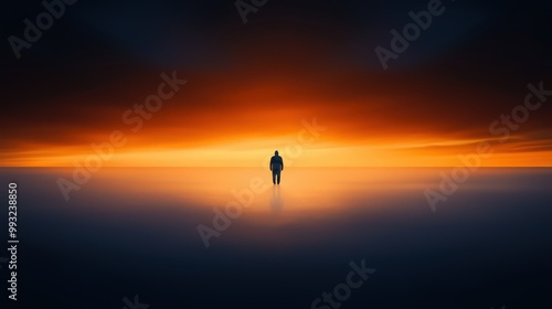 A solitary figure standing at the edge of a tranquil landscape under an expansive sunset sky.