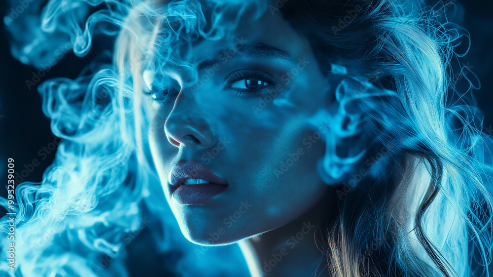 A female figure painted with blue smoke. A female figure painted with blue smoke.