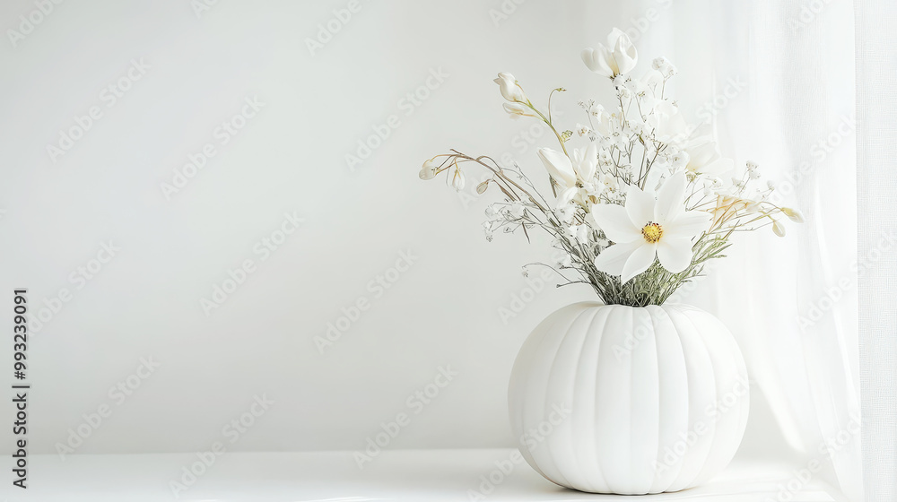 Aesthetic vase made of white pumpkin with boho flowers, clean light background, invitation template. Generative AI Aesthetic vase made of white pumpkin with boho flowers, clean light background, invitation template. Generative AI