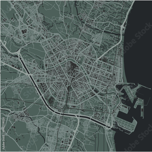 Map of Valencia in Spain in a smooth dark style. Contains layered vector with roads water, parks, etc.