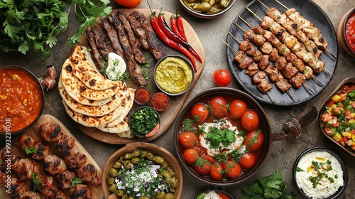 Try this Arabic food with an array of appetizers on an old concrete backdrop. The meal is also Halal. Culture from Lebanon, Turkey, and Egypt, with grilled vegetables and a great view of the table.