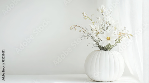 Aesthetic vase made of white pumpkin with boho flowers, clean light background, invitation template. Generative AI