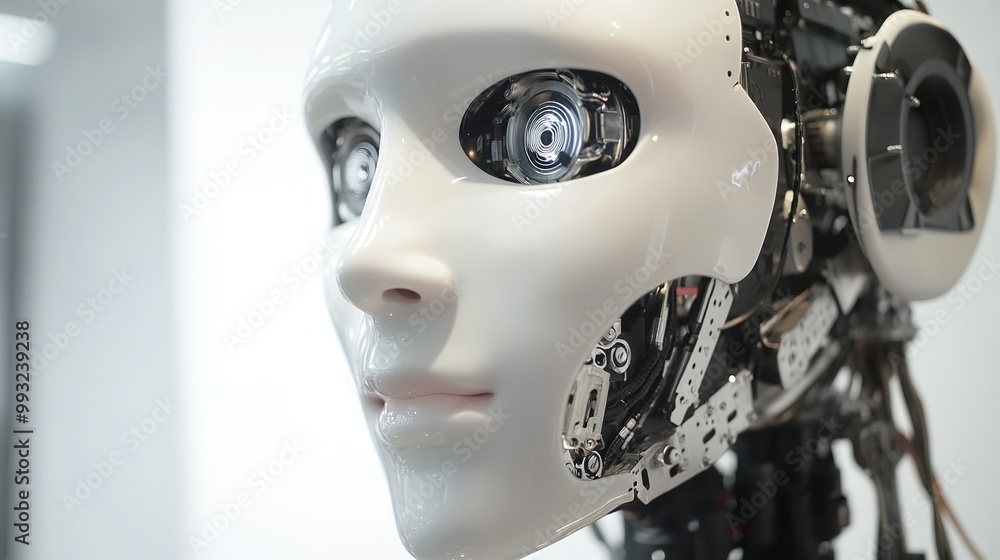 Futuristic AI humanoid face with glowing patterns in a tech-inspired environment showcasing advanced digital concepts Futuristic AI humanoid face with glowing patterns in a tech-inspired environment showcasing advanced digital concepts