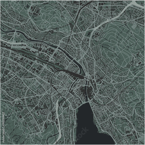 Map of Zurich in Switzerland in a smooth dark style. Contains layered vector with roads water, parks, etc.