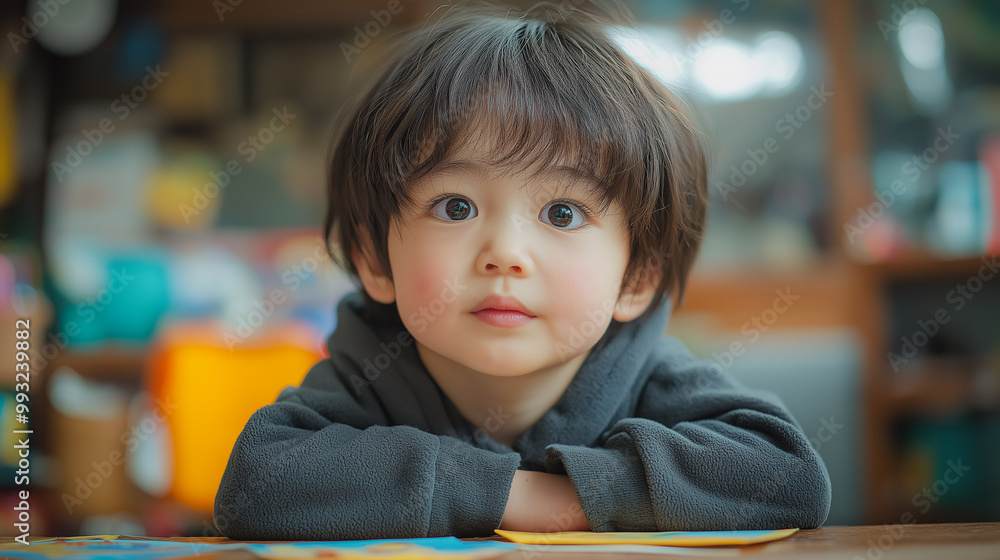 A young child is sitting on a table with a blue A young child is sitting on a table with a blue
